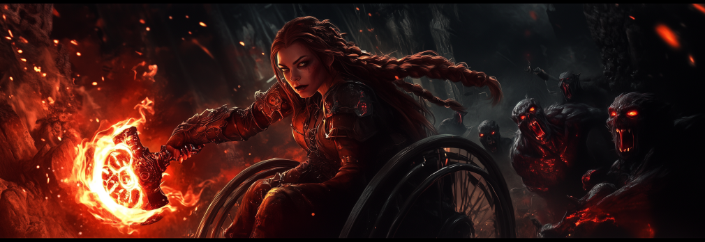 Mirela with her flaming hammer in battle